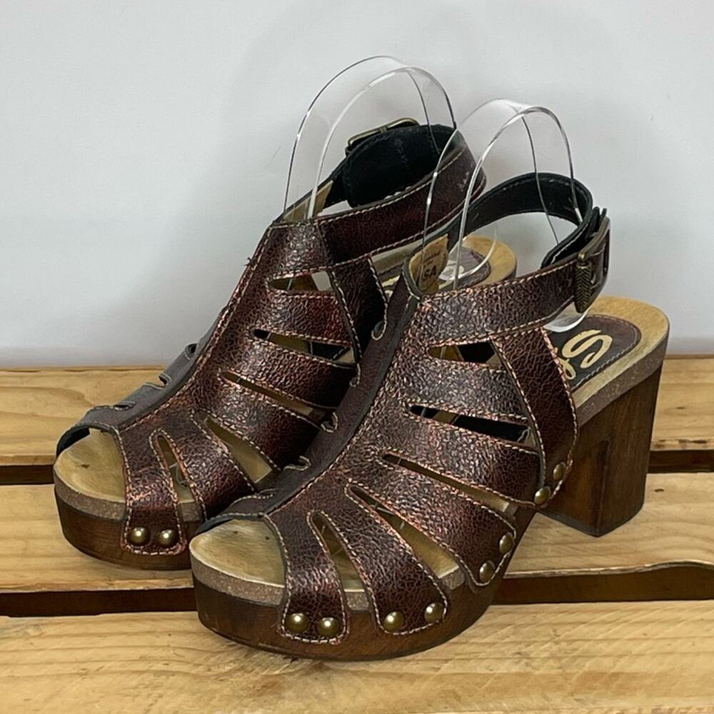 Sbicca brown leather platform heel sling back sandals size 38